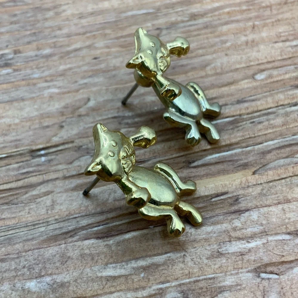Cat Kitten Vintage Korea Gold Tone Ear Jacket Dangle Stud Earrings
